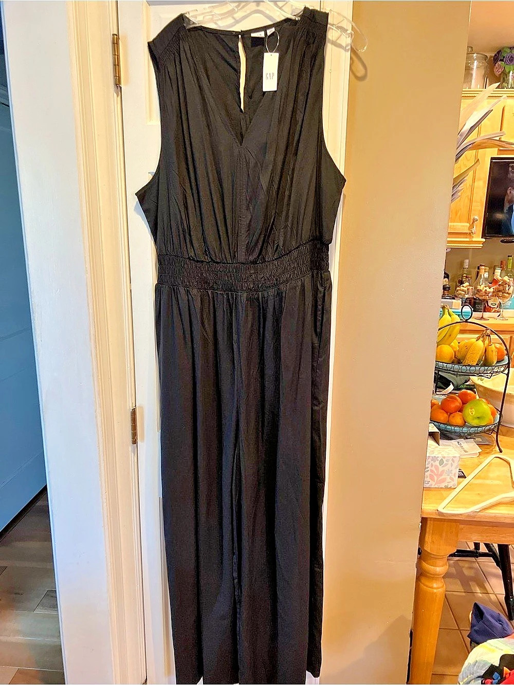 Gap Smocked Wide-Leg V-Neck Jumpsuit Black Jumpsuit
